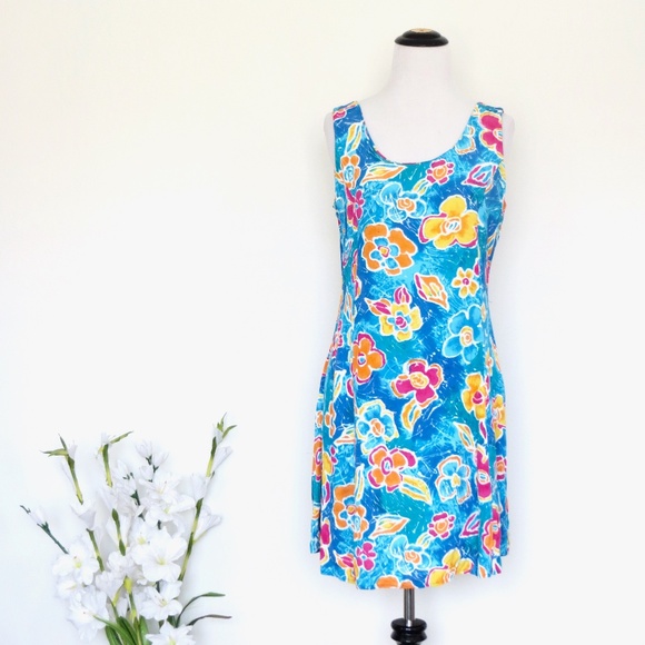 Vintage BIG HED Designs Floral Mini Dress Sleeveless Blue Yellow SZ M - Picture 1 of 6